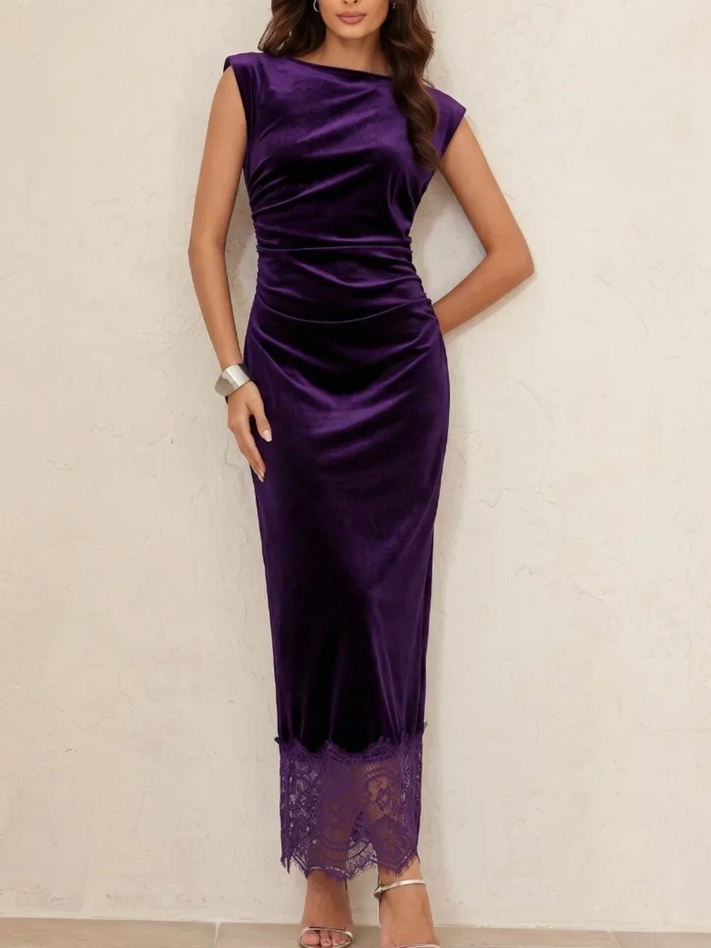 Bold Plum Elegant Women's Contrast Lace Fitted Pencil Dress